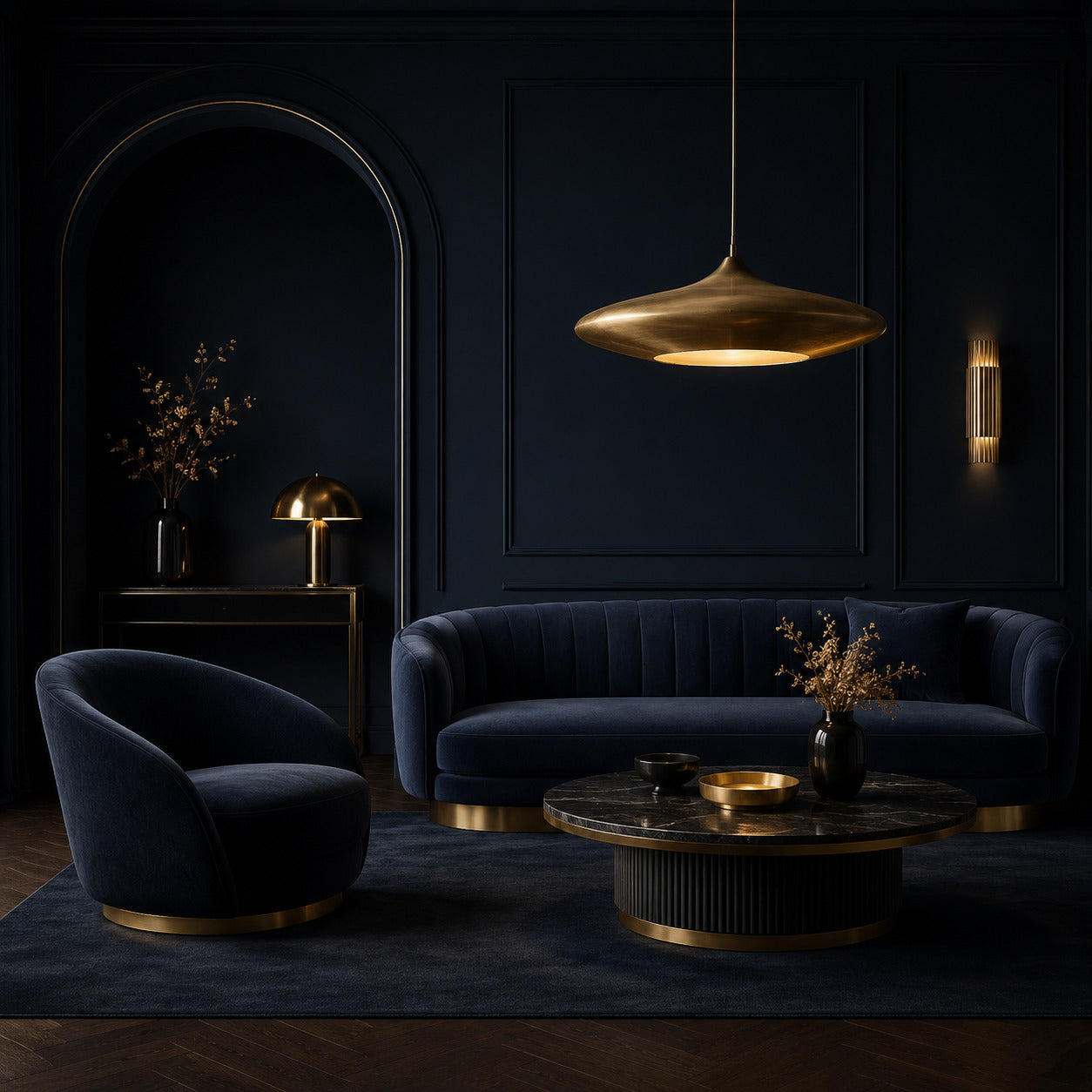 Premium midnight navy lounge with sculptural furniture and brass details