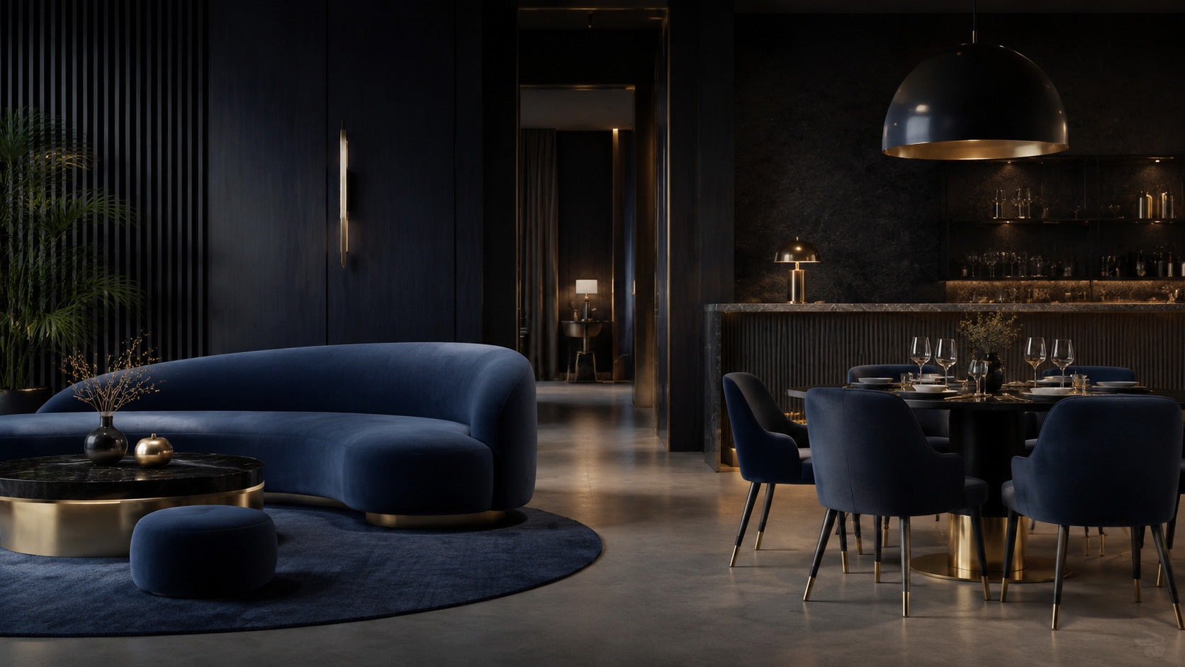 Premium midnight navy hotel lounge, dining area and bar with brass details