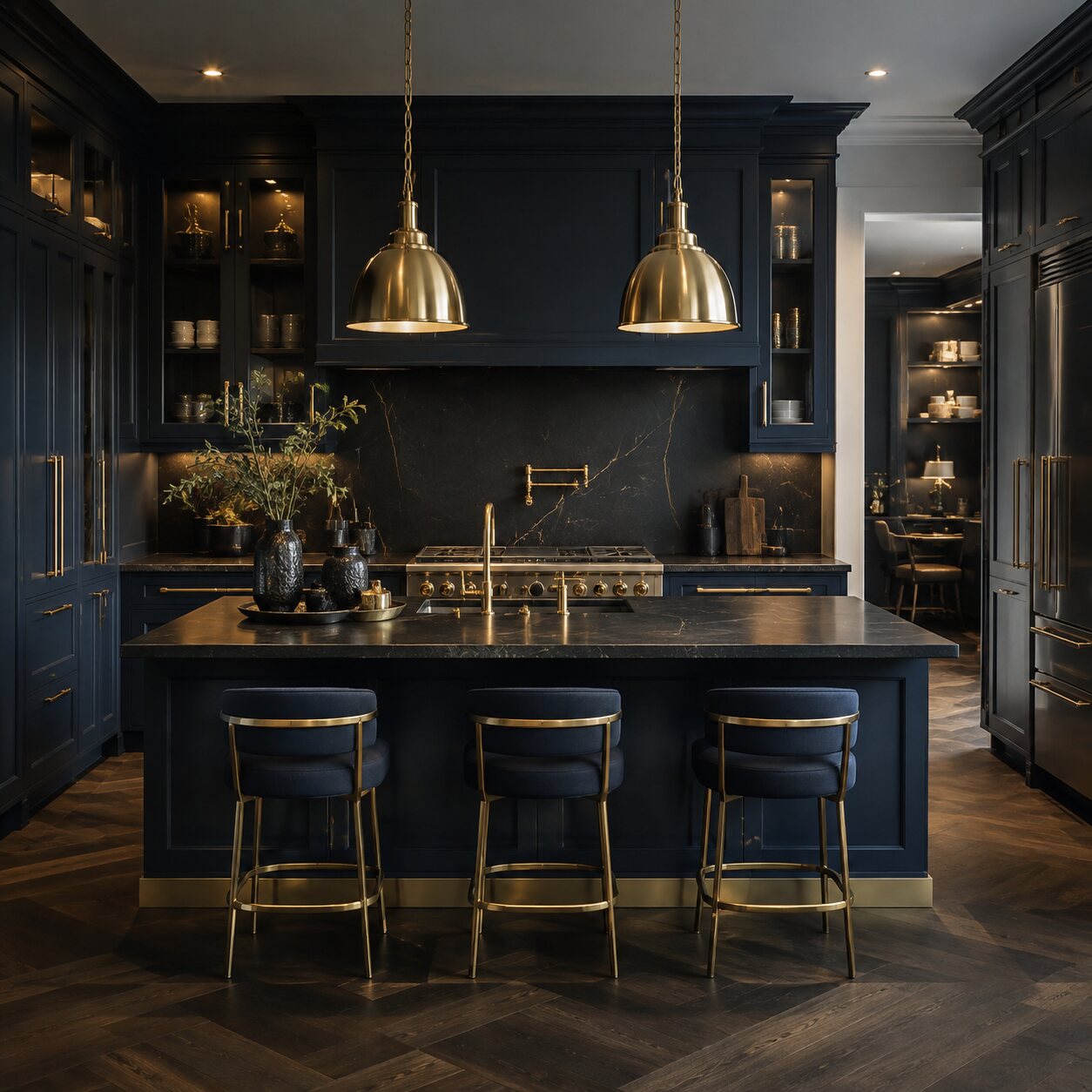 Luxury midnight navy kitchen with brushed gold lighting and hardware