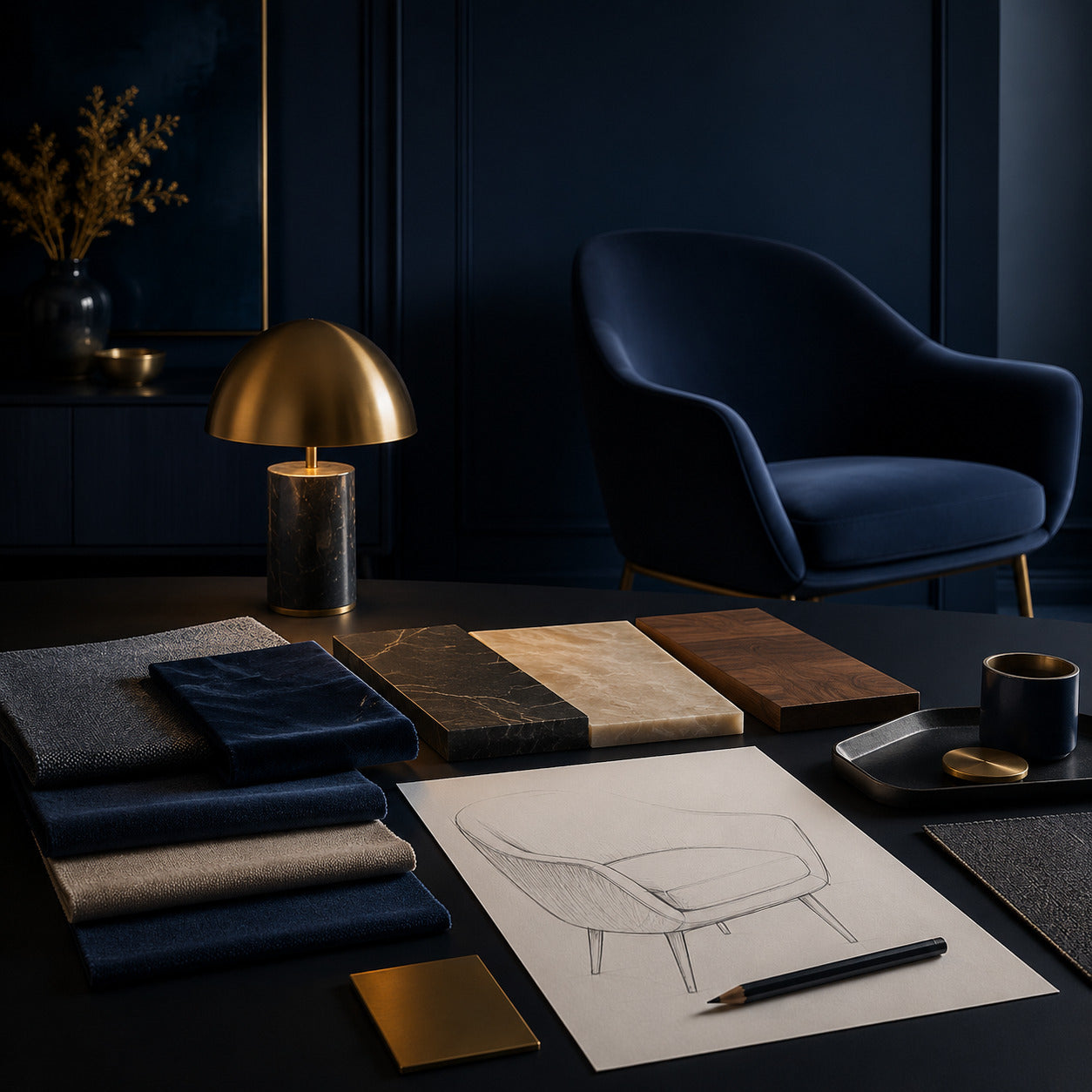 Midnight navy furniture design studio with warm brass details