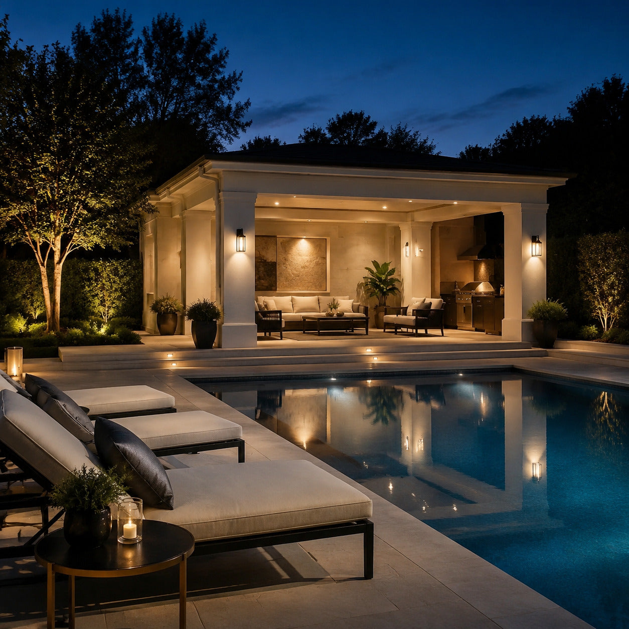 Luxury outdoor hospitality setting at night